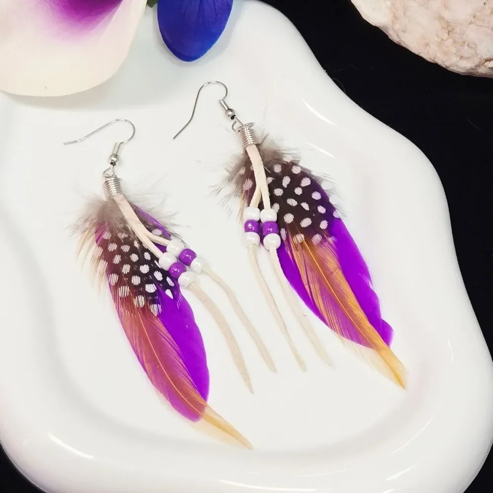 Purple Feather Earrings – Handmade Boho Beaded Tassel Dangles Hippie Bohemian